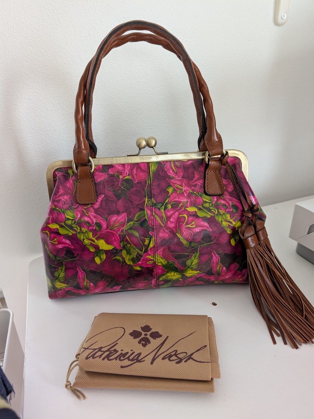 Patricia Nash 'Bougainvileas Along The Coast' Satchel with Brown Leather Trim